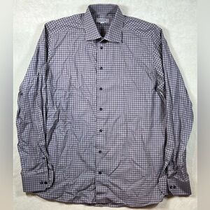 ETON XL 17.5 Gray Navy Windowpane Spread Collar Barrel Cuff Dress Shirt EUC LUX